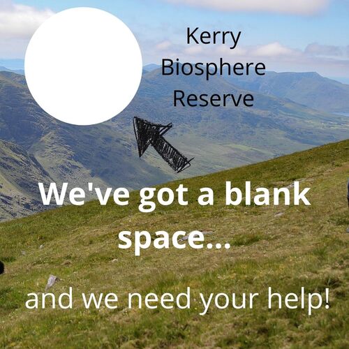 background shows a mountainscape, blank circle with arrow pointing towards it, text readingm we'vew got a blank space and we need your help!